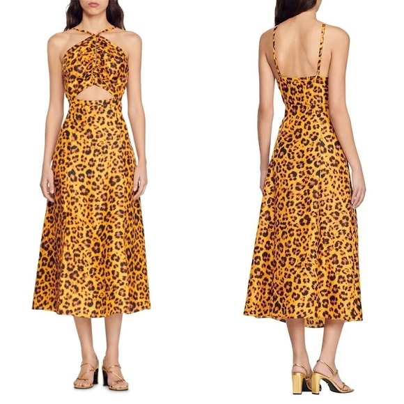 NWT SANDRO Kalinda Leopard Animal Print Slit Cut Out Tie Neck Satiny Dress 38 - Picture 2 of 15